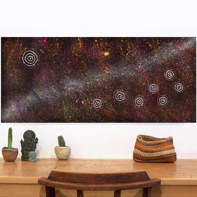 Aboriginal Artwork by Valma Nakamarra White, Napaljarri-warnu Jukurrpa (Seven Sisters Dreaming), 107x46cm