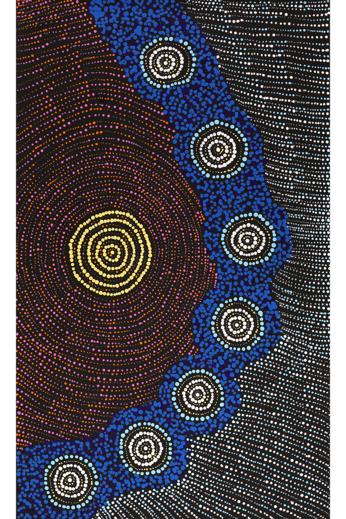 Aboriginal Artwork by Valma Nakamarra White, Napaljarri-warnu Jukurrpa (Seven Sisters Dreaming), 76x46cm