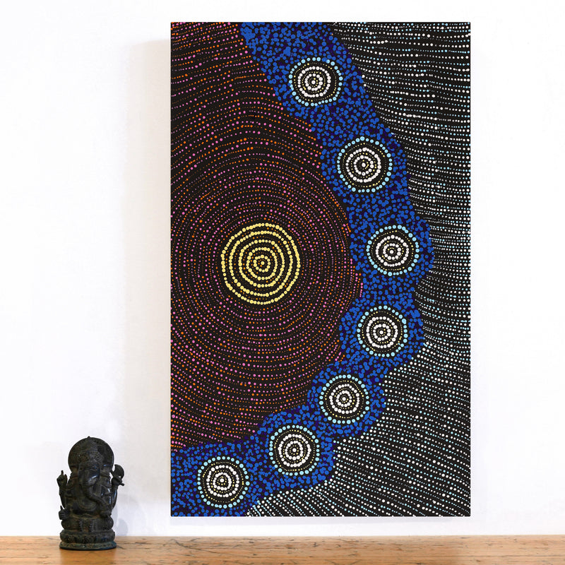 Aboriginal Artwork by Valma Nakamarra White, Napaljarri-warnu Jukurrpa (Seven Sisters Dreaming), 76x46cm