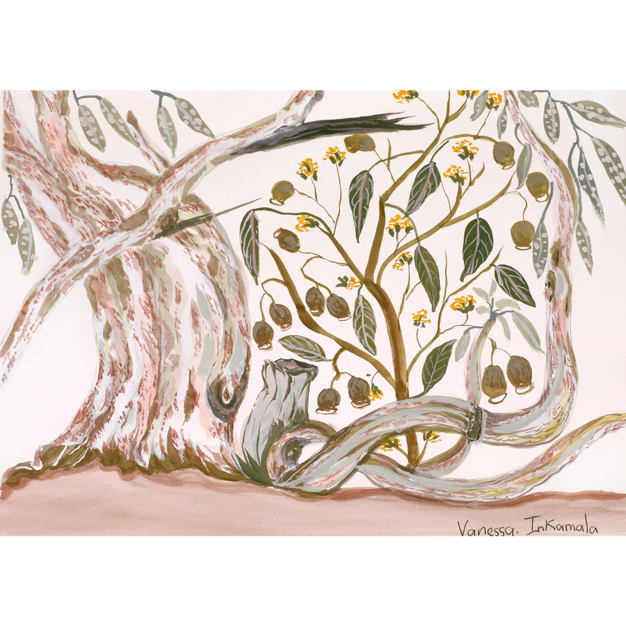 Aboriginal Artwork by Vanessa Inkamala, Gum nuts and Gum Tree, 36.6x26cm