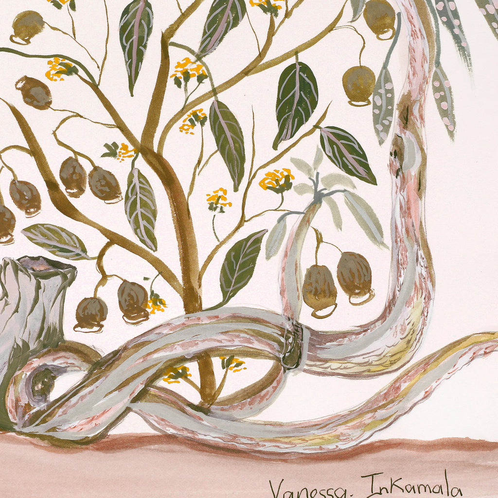 Aboriginal Artwork by Vanessa Inkamala, Gum nuts and Gum Tree, 36.6x26cm
