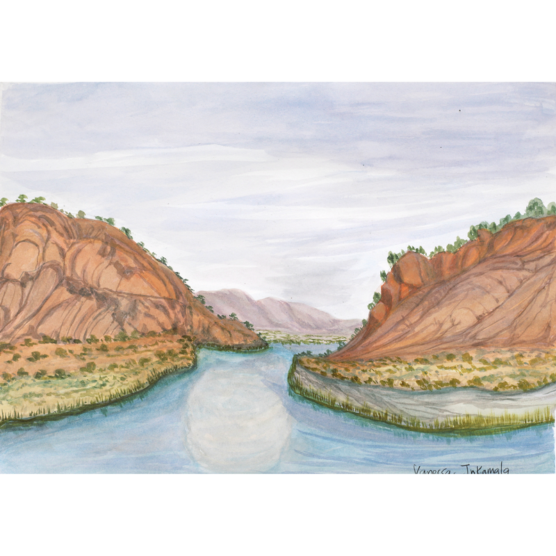 Aboriginal Artwork by Vanessa Inkamala, Glen Helen Gorge - Morning time, 39x27.5cm