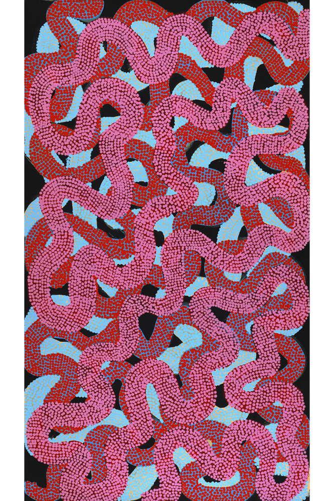 Aboriginal Artwork by Vanetta Nampijinpa Hudson, Warlukurlangu Jukurrpa (Fire country Dreaming), 107x61cm