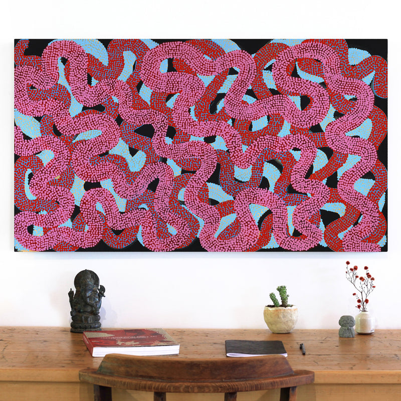 Aboriginal Artwork by Vanetta Nampijinpa Hudson, Warlukurlangu Jukurrpa (Fire country Dreaming), 107x61cm