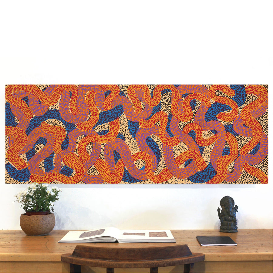 Aboriginal Artwork by Vanetta Nampijinpa Hudson, Warlukurlangu Jukurrpa (Fire country Dreaming), 122x46cm