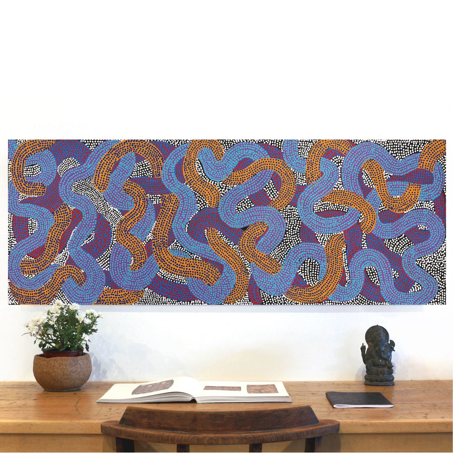 Aboriginal Artwork by Vanetta Nampijinpa Hudson, Warlukurlangu Jukurrpa (Fire country Dreaming), 122x46cm