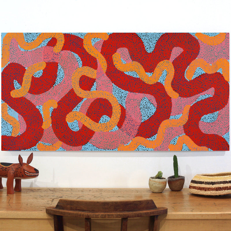 Aboriginal Artwork by Vanetta Nampijinpa Hudson, Warlukurlangu Jukurrpa (Fire country Dreaming), 122x61cm