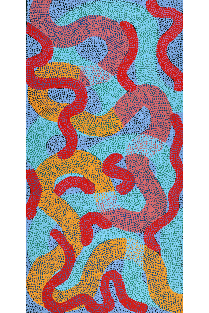 Aboriginal Artwork by Vanetta Nampijinpa Hudson, Warlukurlangu Jukurrpa (Fire country Dreaming), 122x61cm