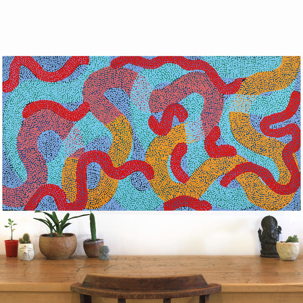 Aboriginal Artwork by Vanetta Nampijinpa Hudson, Warlukurlangu Jukurrpa (Fire country Dreaming), 122x61cm