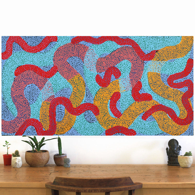 Aboriginal Artwork by Vanetta Nampijinpa Hudson, Warlukurlangu Jukurrpa (Fire country Dreaming), 122x61cm