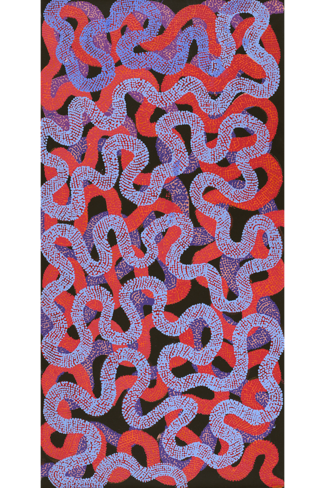 Aboriginal Artwork by Vanetta Nampijinpa Hudson, Warlukurlangu Jukurrpa (Fire country Dreaming), 122x61cm