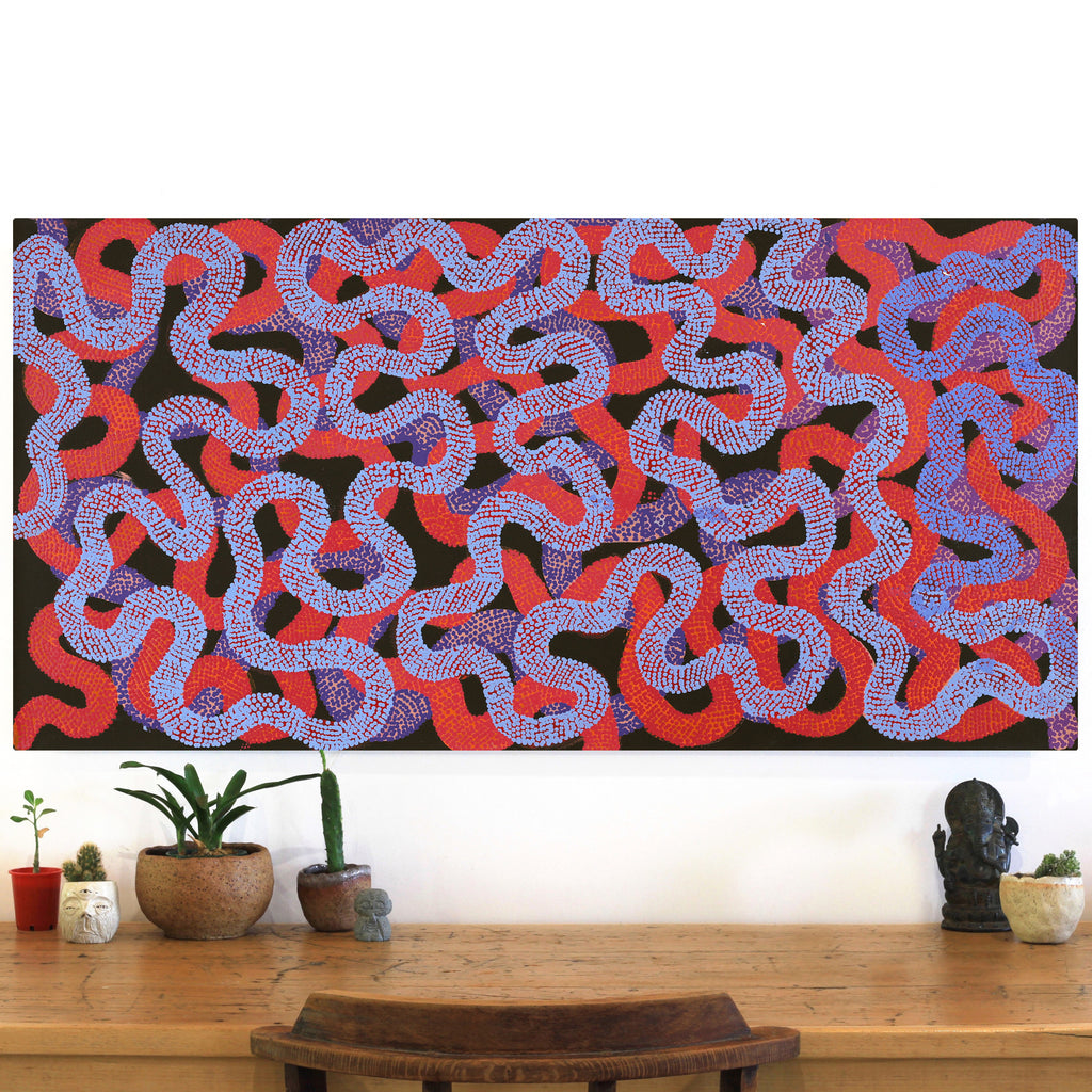 Aboriginal Artwork by Vanetta Nampijinpa Hudson, Warlukurlangu Jukurrpa (Fire country Dreaming), 122x61cm