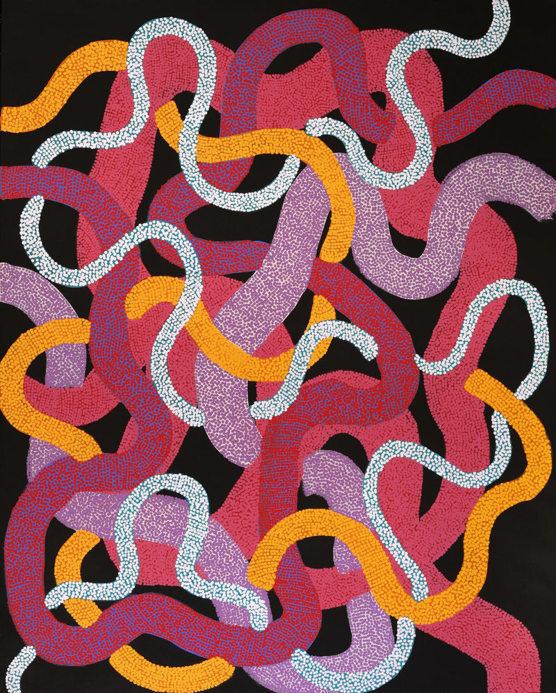 Aboriginal Artwork by Vanetta Nampijinpa Hudson, Warlukurlangu Jukurrpa (Fire country Dreaming), 152x122cm