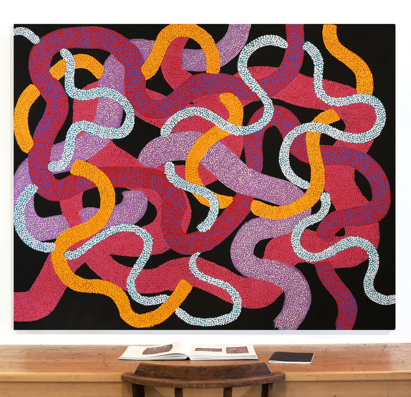 Aboriginal Artwork by Vanetta Nampijinpa Hudson, Warlukurlangu Jukurrpa (Fire country Dreaming), 152x122cm