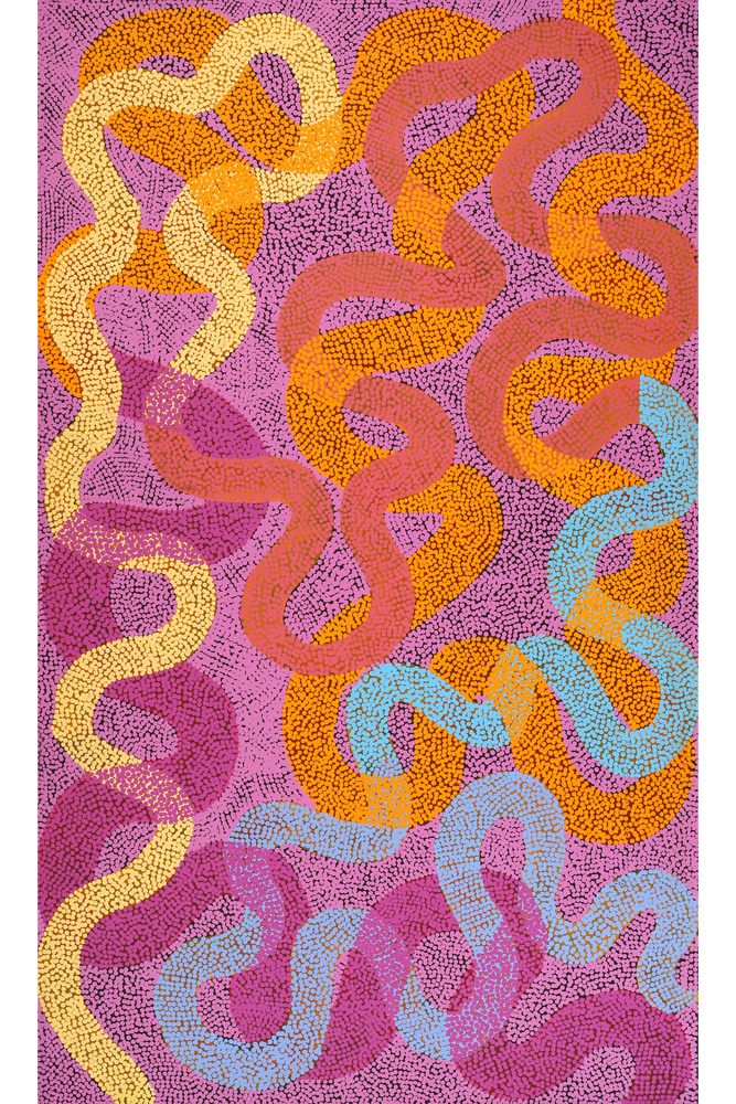 Aboriginal Artwork by Vanetta Nampijinpa Hudson, Warlukurlangu Jukurrpa (Fire country Dreaming), 152x91cm