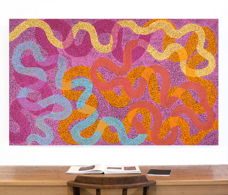 Aboriginal Artwork by Vanetta Nampijinpa Hudson, Warlukurlangu Jukurrpa (Fire country Dreaming), 152x91cm
