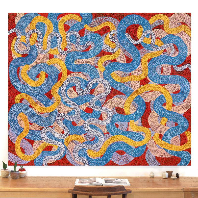 Aboriginal Artwork by Vanetta Nampijinpa Hudson, Warlukurlangu Jukurrpa (Fire country Dreaming), 183x152cm