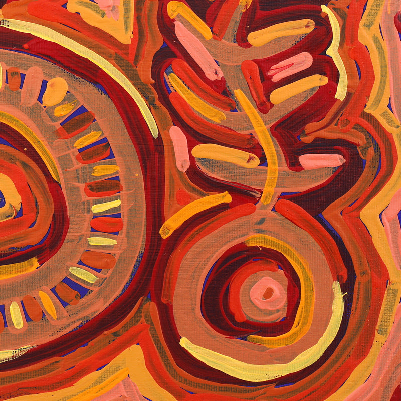 Aboriginal Artwork by Vanetta Nampijinpa Hudson, Malikijarra Jukurrpa (Two Dogs Dreaming), 30x30cm