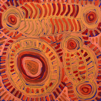 Aboriginal Artwork by Vanetta Nampijinpa Hudson, Malikijarra Jukurrpa (Two Dogs Dreaming), 30x30cm