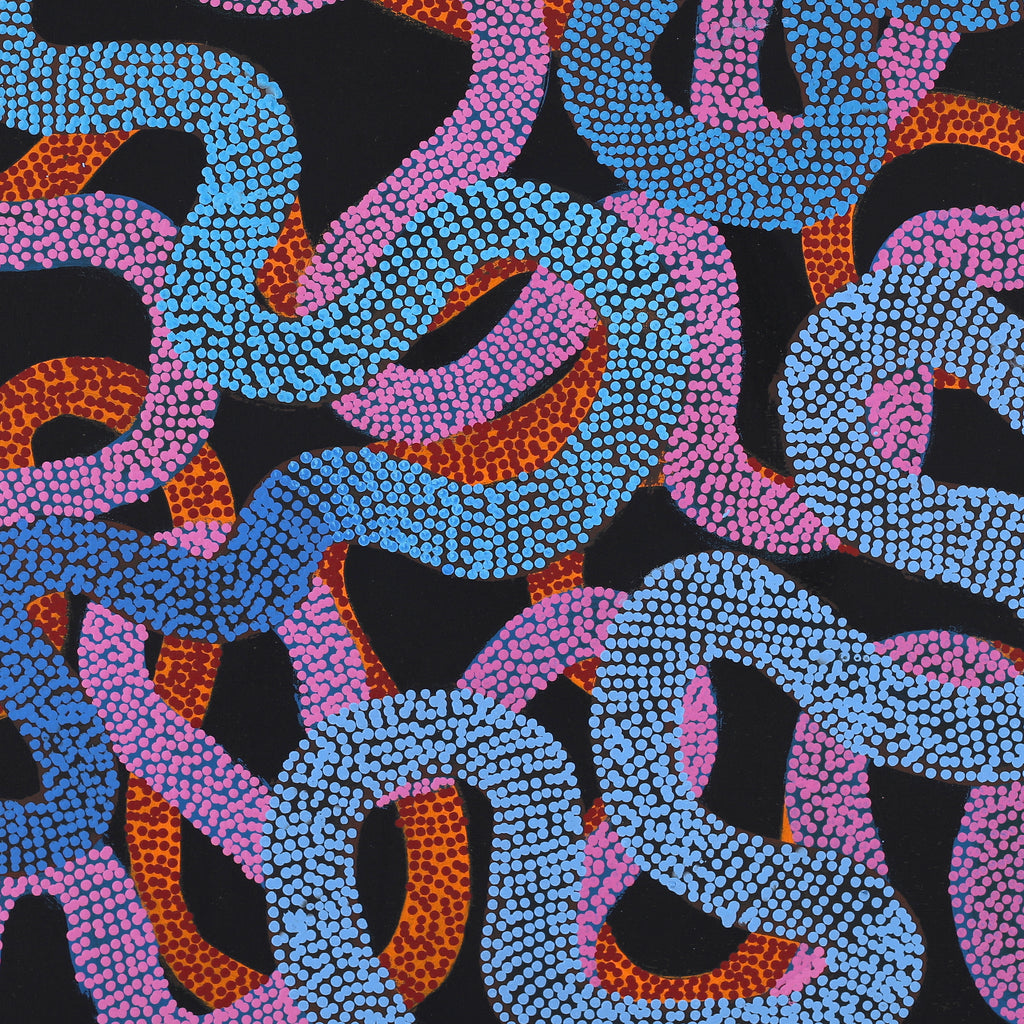 Aboriginal Artwork by Vanetta Nampijinpa Hudson, Warlukurlangu Jukurrpa (Fire country Dreaming), 76x76cm