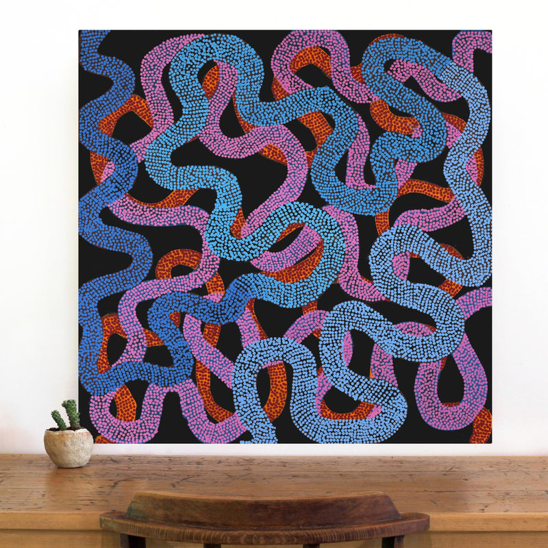 Aboriginal Artwork by Vanetta Nampijinpa Hudson, Warlukurlangu Jukurrpa (Fire country Dreaming), 76x76cm