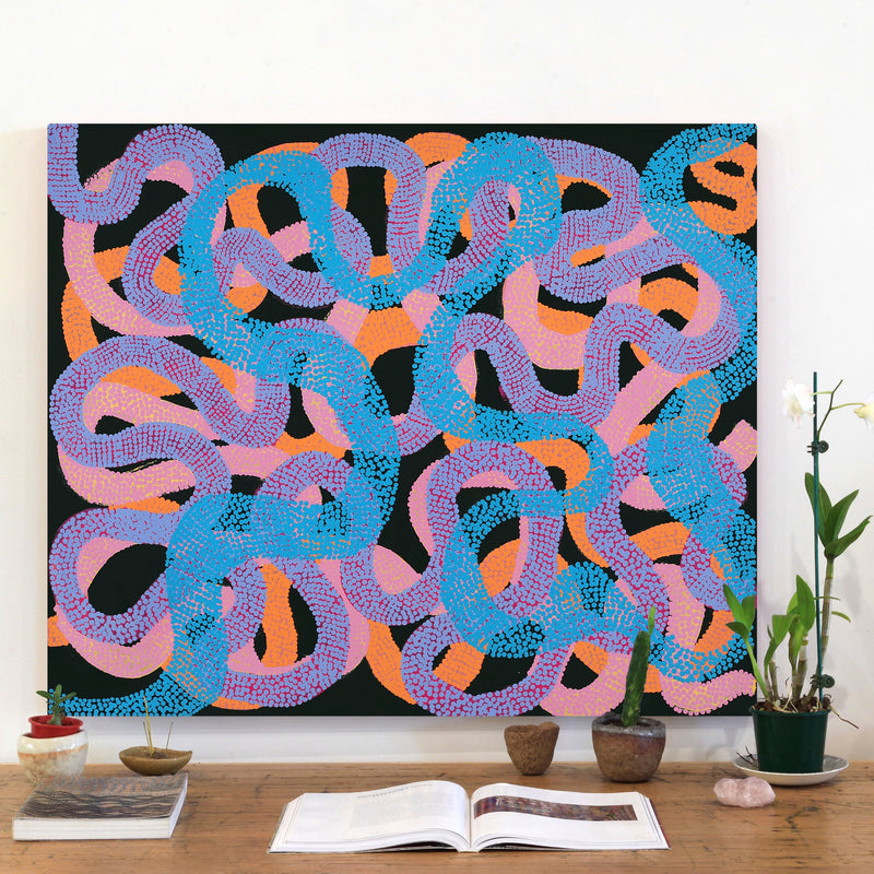 Aboriginal Artwork by Vanetta Nampijinpa Hudson, Warlukurlangu Jukurrpa (Fire country Dreaming), 91x76cm