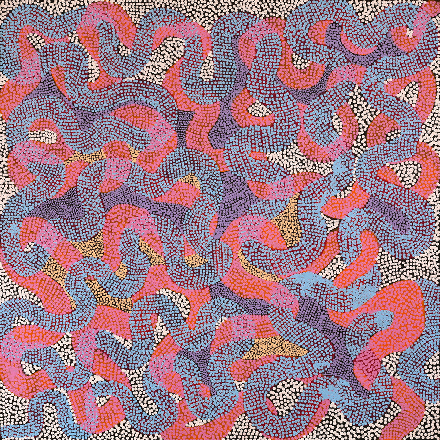 Aboriginal Artwork by Vanetta Nampijinpa Hudson, Warlukurlangu Jukurrpa (Fire country Dreaming), 91x91cm