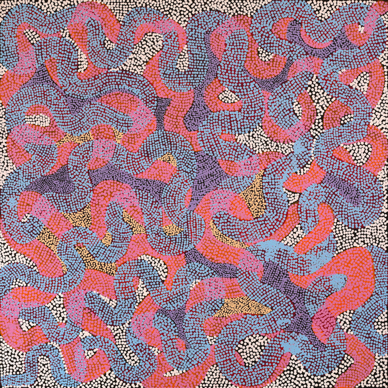 Aboriginal Artwork by Vanetta Nampijinpa Hudson, Warlukurlangu Jukurrpa (Fire country Dreaming), 91x91cm