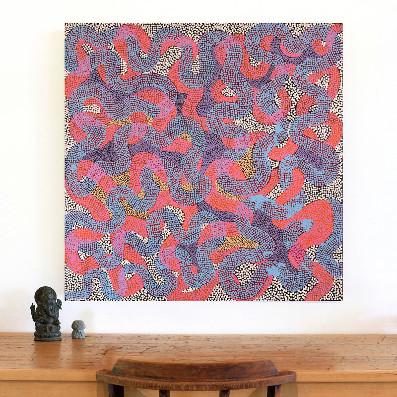 Aboriginal Artwork by Vanetta Nampijinpa Hudson, Warlukurlangu Jukurrpa (Fire country Dreaming), 91x91cm