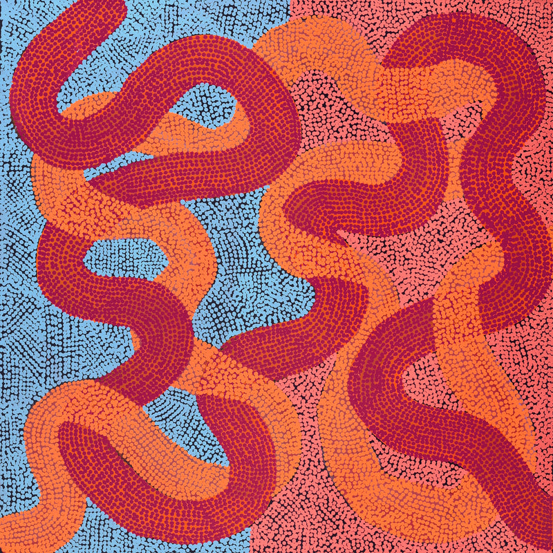 Aboriginal Artwork by Vanetta Nampijinpa Hudson, Warlukurlangu Jukurrpa (Fire country Dreaming), 91x91cm