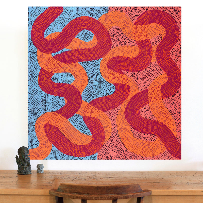 Aboriginal Artwork by Vanetta Nampijinpa Hudson, Warlukurlangu Jukurrpa (Fire country Dreaming), 91x91cm