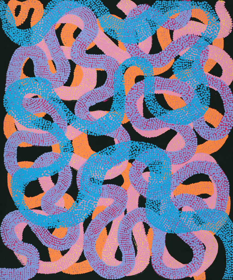 Aboriginal Artwork by Vanetta Nampijinpa Hudson, Warlukurlangu Jukurrpa (Fire country Dreaming), 91x76cm