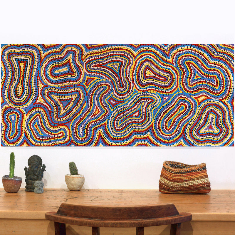 Aboriginal Artwork by Virginia Napaljarri Sims, Mina Mina Jukurrpa (Mina Mina Dreaming), 107x46cm