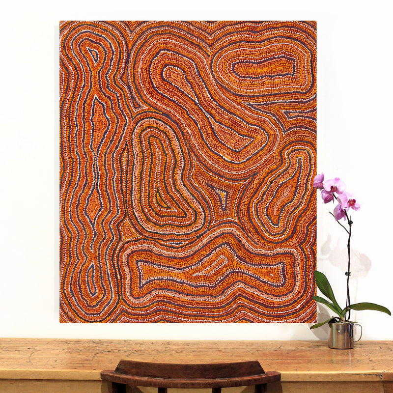 Aboriginal Artwork by Virginia Napaljarri Sims, Mina Mina Jukurrpa (Mina Mina Dreaming) - Ngalyipi, 107x91cm