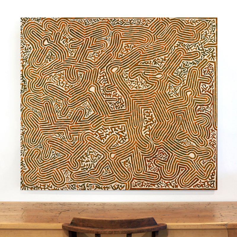 Aboriginal Artwork by Walter Jangala Brown, Tingari Cycle, 122x107cm