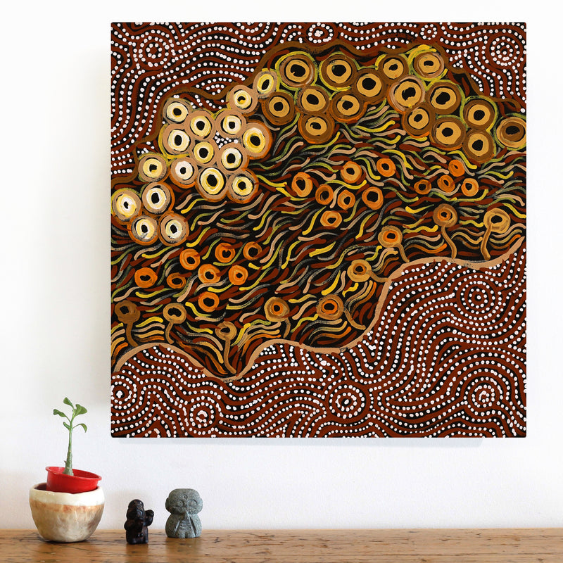 Aboriginal Artwork by Wendy Nungarrayi Brown, Yanjirlpirri or Napaljarri-Warnu Jukurrpa (Star or Seven Sisters Dreaming), 46x46cm
