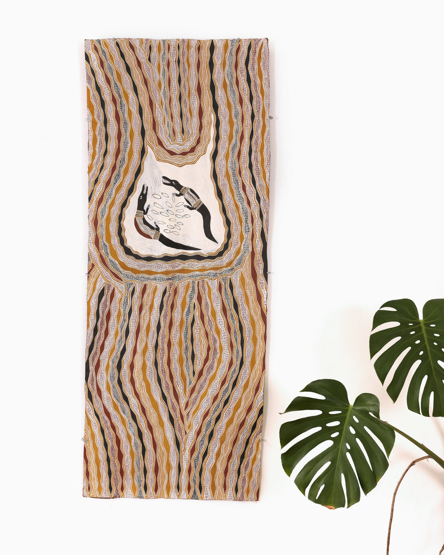 Aboriginal Artwork by Wulu Marawili, Garraŋali (Maḏarrpa clan), 151x62cm Bark