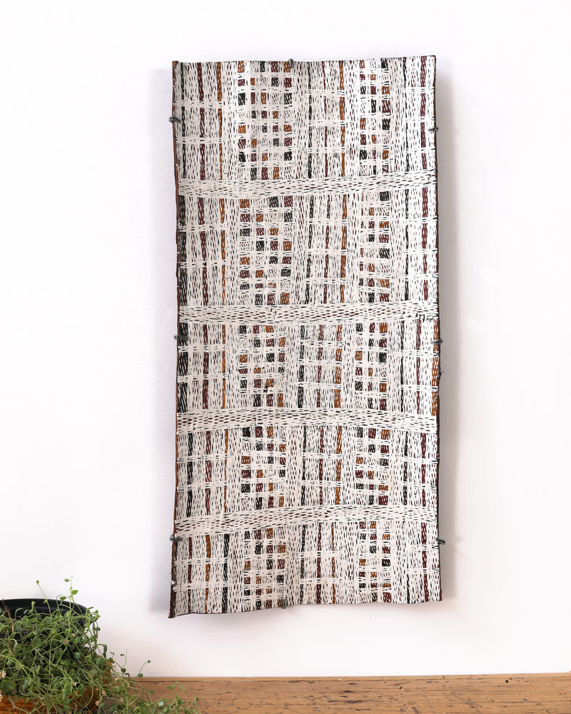 Aboriginal Artwork by Yimula Munuŋgurr, Djapu Design, 81x40cm Bark Painting