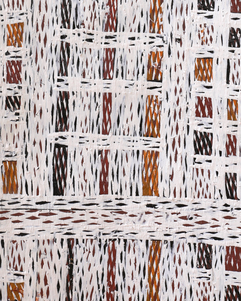 Aboriginal Artwork by Yimula Munuŋgurr, Djapu Design, 81x40cm Bark Painting