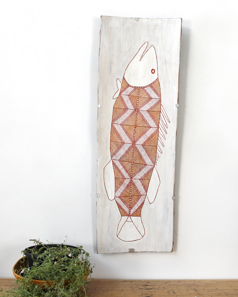 Aboriginal Artwork by Zipporah Nanguwerr, Birlmu or Namarnkorl (Barramundi), 89x30cm