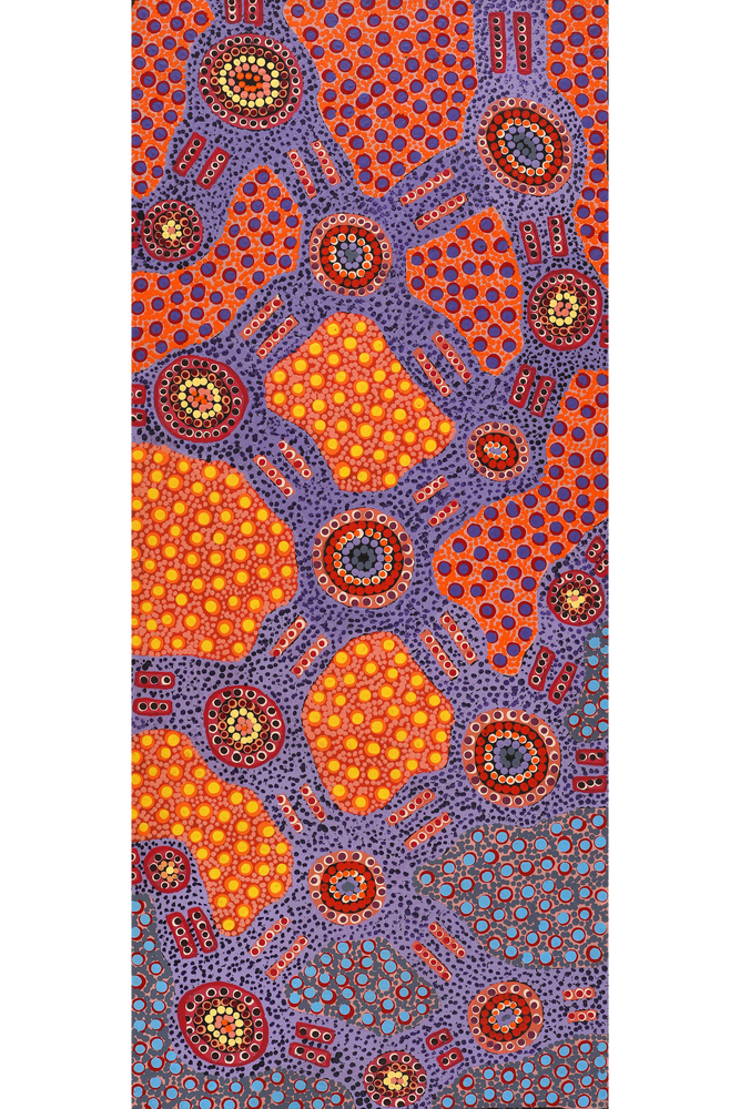 Aboriginal Artwork by Jennifer Napaljarri Lewis, Ngapa Jukurrpa (Water Dreaming) - Puyurru, 107x46cm
