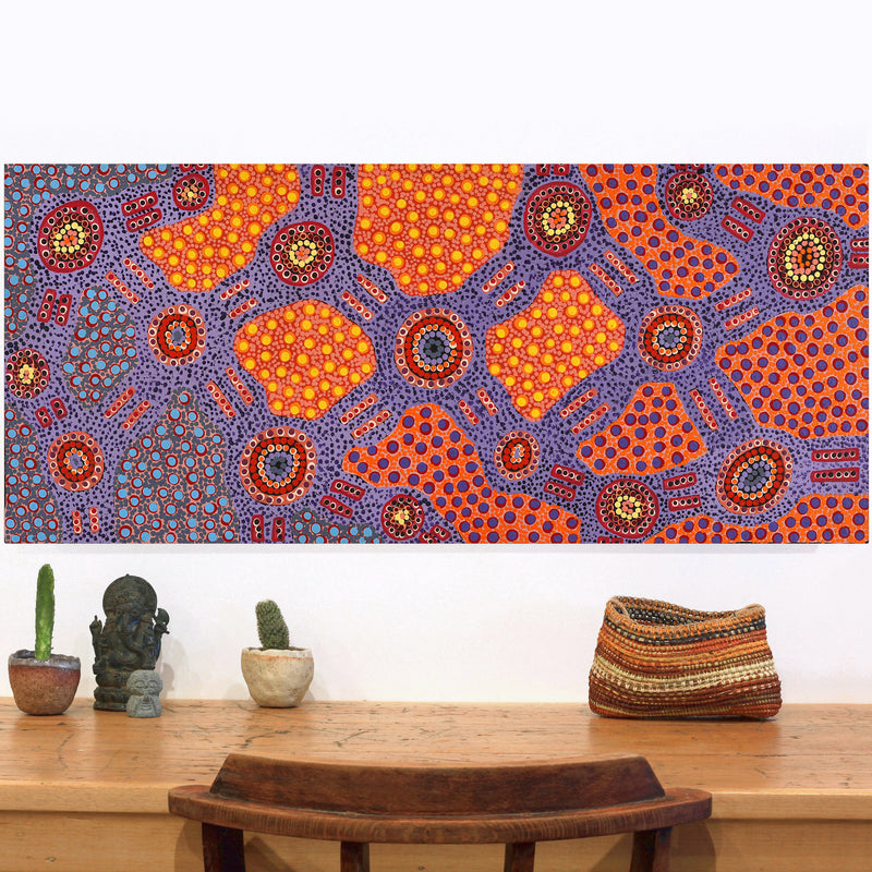 Aboriginal Artwork by Jennifer Napaljarri Lewis, Ngapa Jukurrpa (Water Dreaming) - Puyurru, 107x46cm