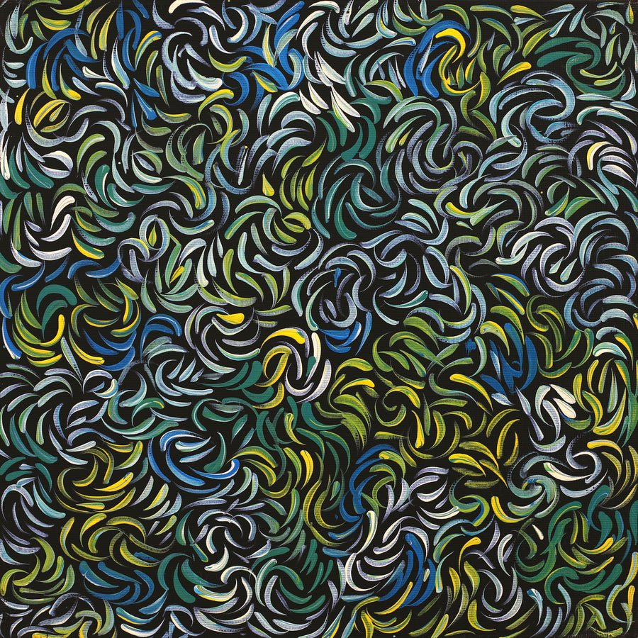 Aboriginal Artwork by Nola Napangardi Fisher, Purrpalanji (Skinny Bush Banana) Jukurrpa, 30x30cm
