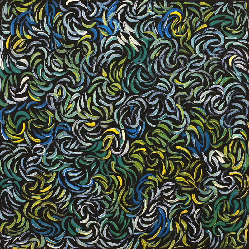 Aboriginal Artwork by Nola Napangardi Fisher, Purrpalanji (Skinny Bush Banana) Jukurrpa, 30x30cm