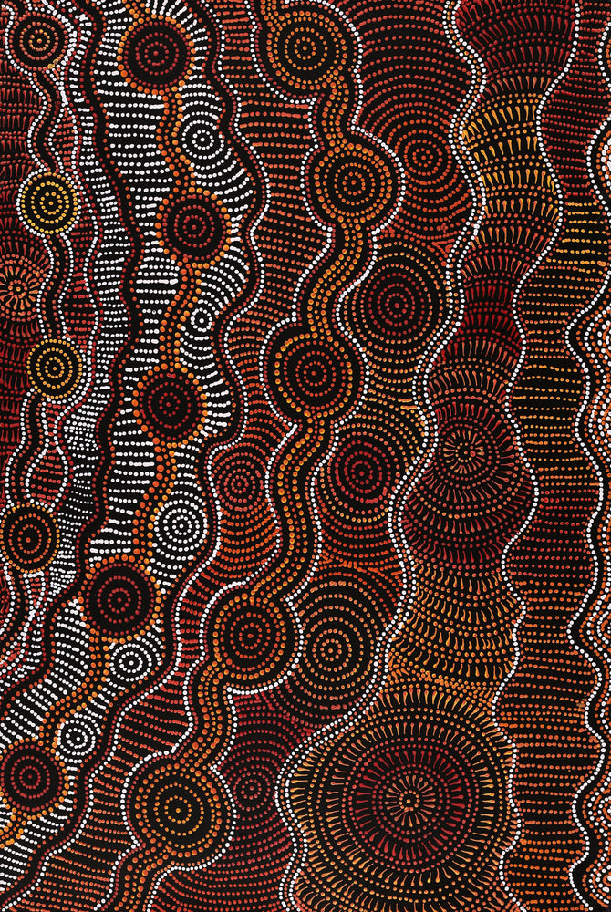 Aboriginal Artwork by Reanne Nampijinpa Brown, Ngapa Jukurrpa (Water Dreaming) - Mikanji, 91x61cm