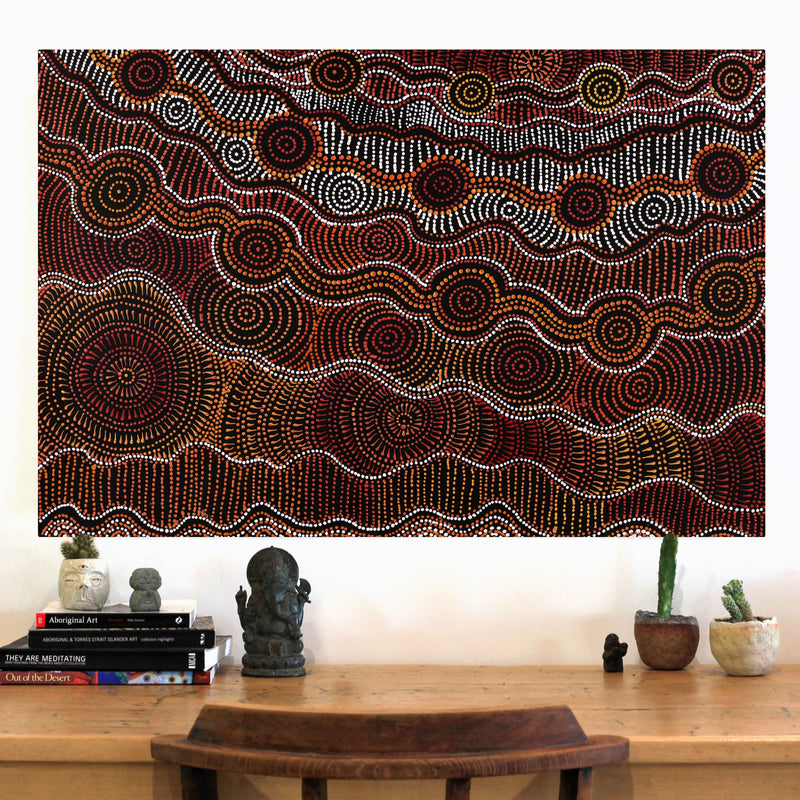 Aboriginal Artwork by Reanne Nampijinpa Brown, Ngapa Jukurrpa (Water Dreaming) - Mikanji, 91x61cm