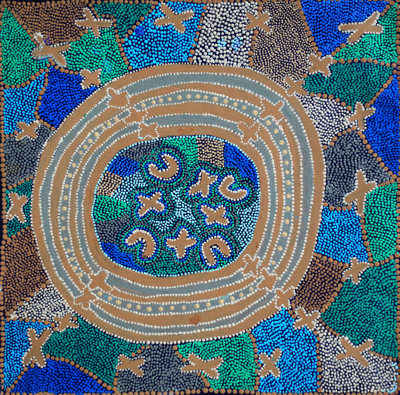 Aboriginal Artwork by Dora Napaljarri Kitson, Ngatijirri Jukurrpa (Budgerigar Dreaming), 46x46cm