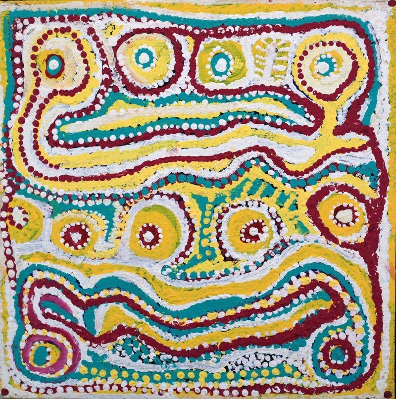 Aboriginal Artwork by Rosie Nangala Flemming, Ngapa Jukurrpa - Puyurru 30x30cm