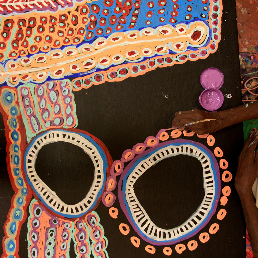 Aboriginal Artwork by Murdie Nampijinpa Morris, Malikijarra Jukurrpa, 182x91cm