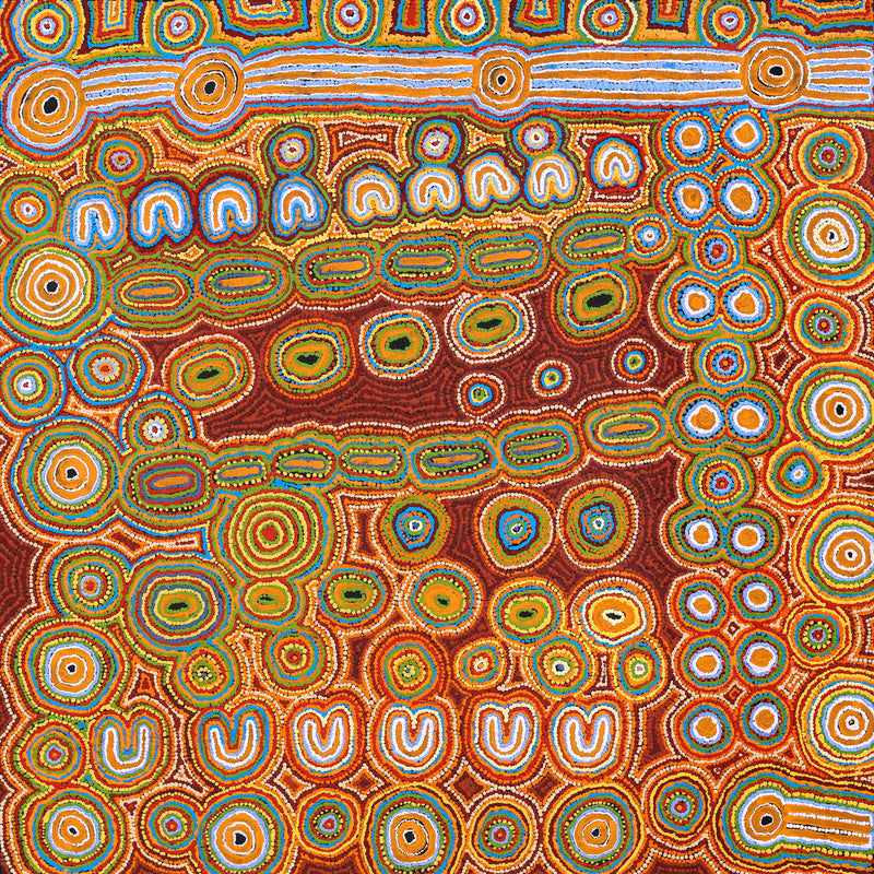 Aboriginal Artwork by Ada Nangala Dixon, Ngapa Jukurrpa (Water Dreaming) - Puyurru, 107x107cm